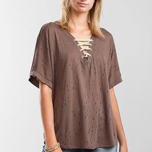 Y2K BKE Tattered Lace-Up Short Sleeved T-Shirt Dolman Fit Taupe Chocolate Brown